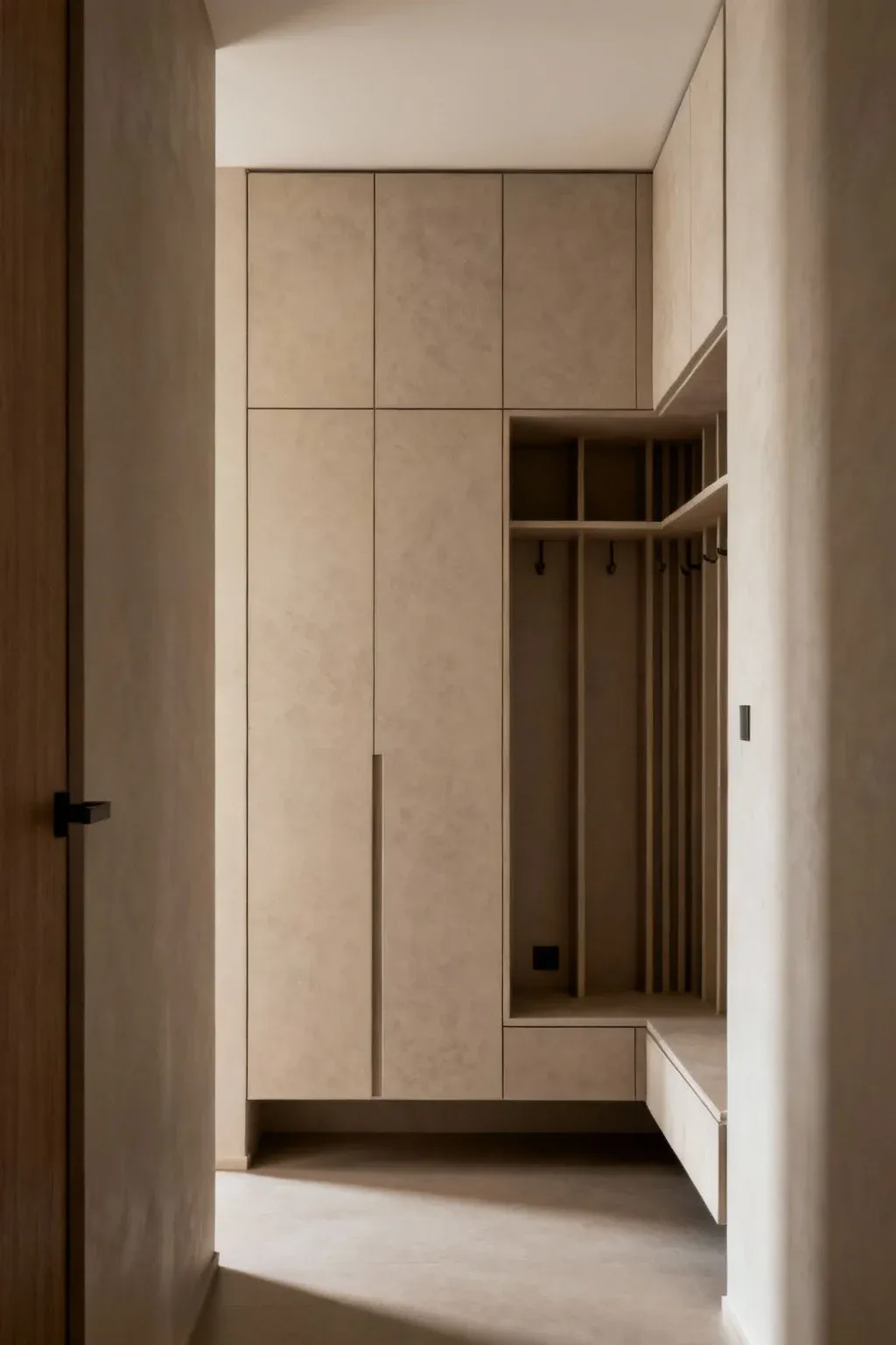 Tall cabinets providing vertical storage in a narrow mudroom.