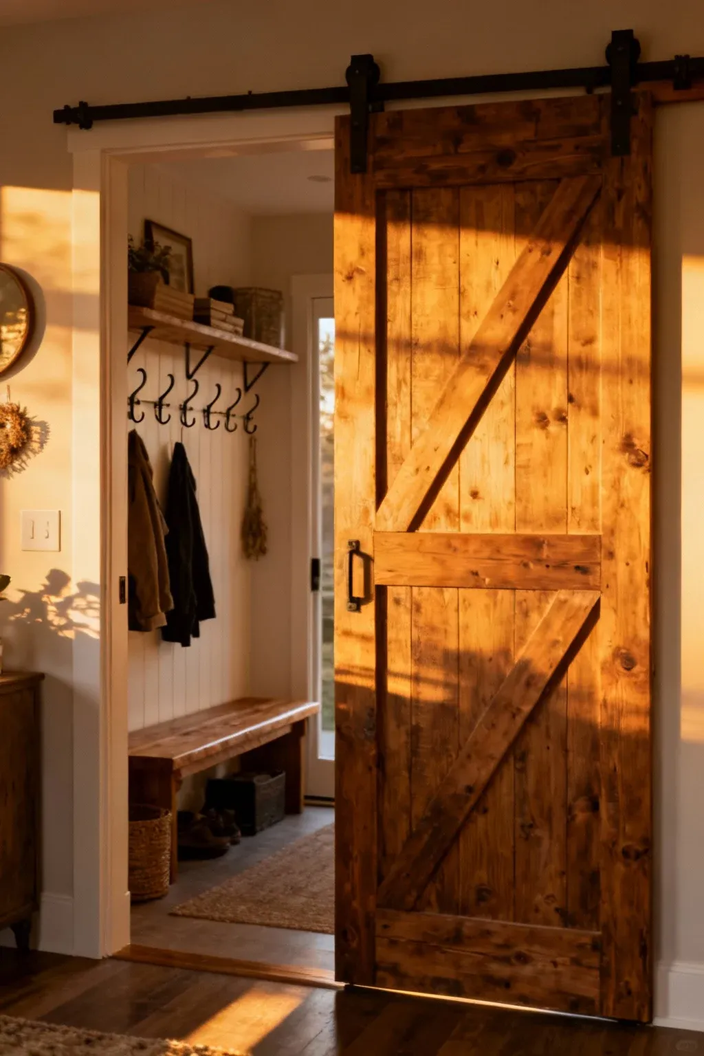 Rustic sliding barn door in a welcoming front door mudroom.
