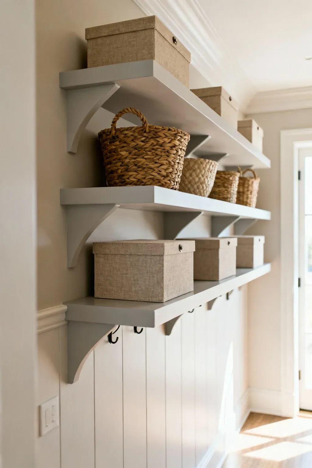 Wall-mounted shelves with decorative baskets in a hallway mudroom.