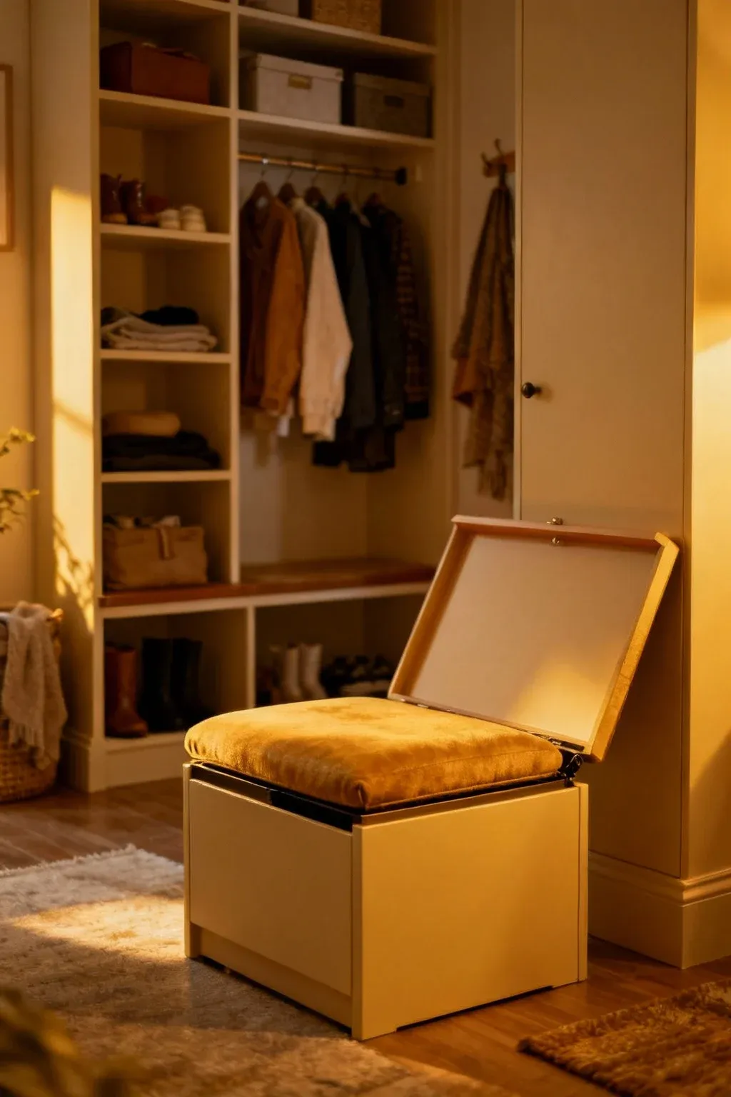 Multi-functional furniture in a small and organized mudroom.