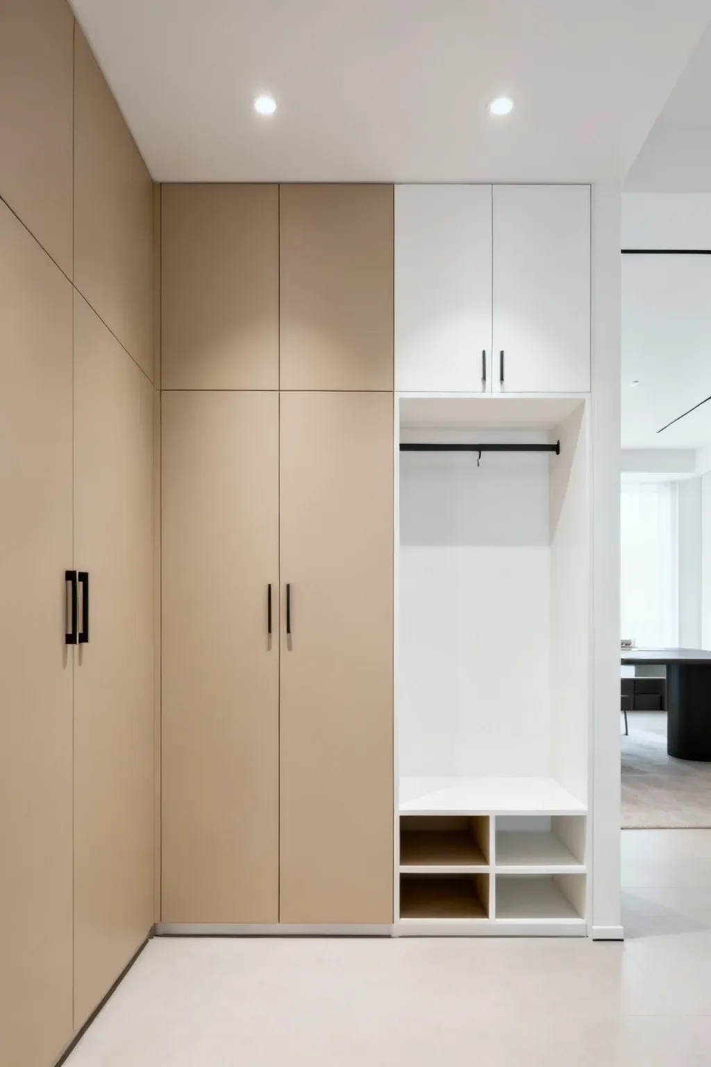 Sleek and modern mudroom with minimalist design elements.