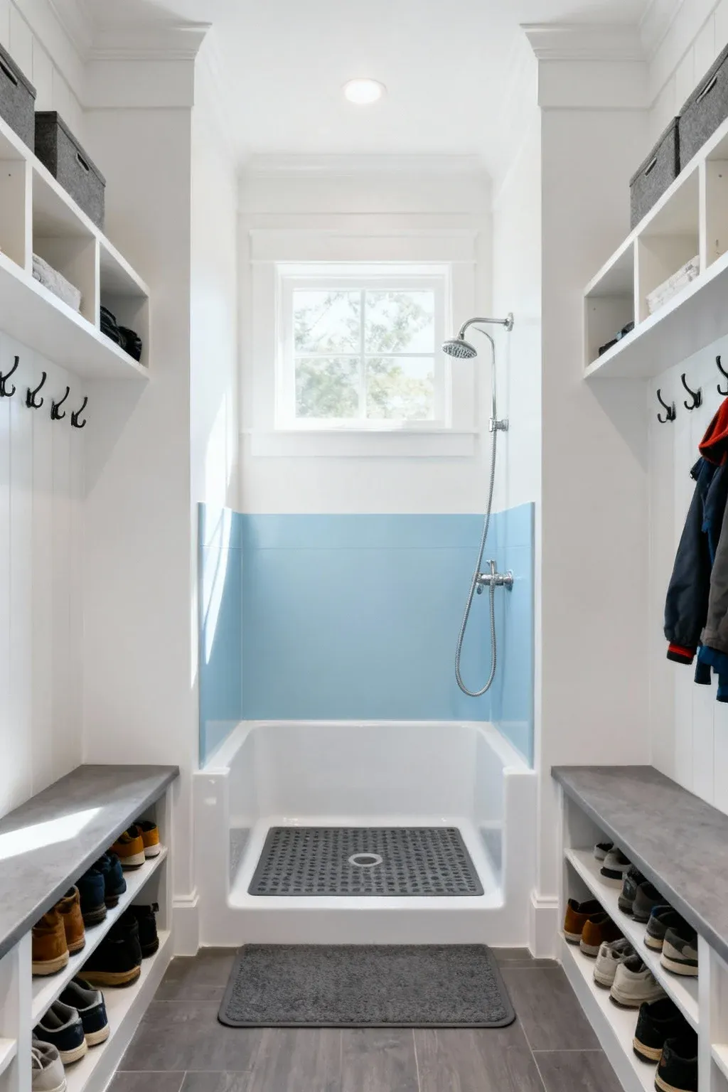 Dog wash station in a practical and functional mudroom.