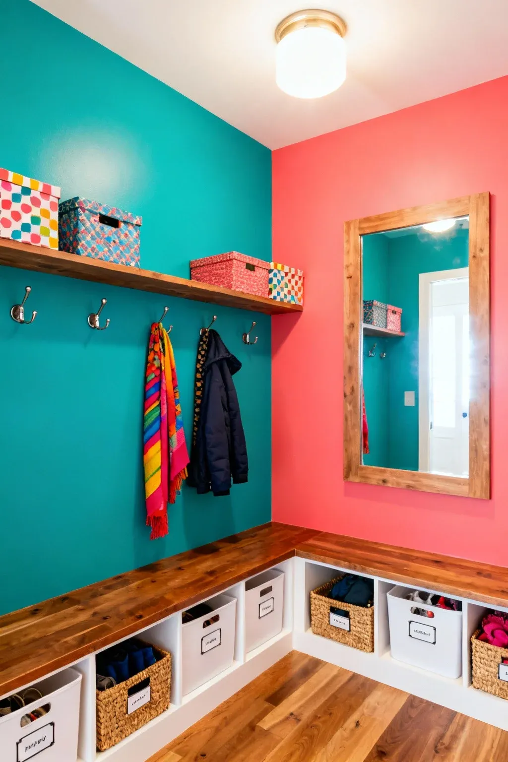 Vibrant painted accent wall in a colorful mudroom.