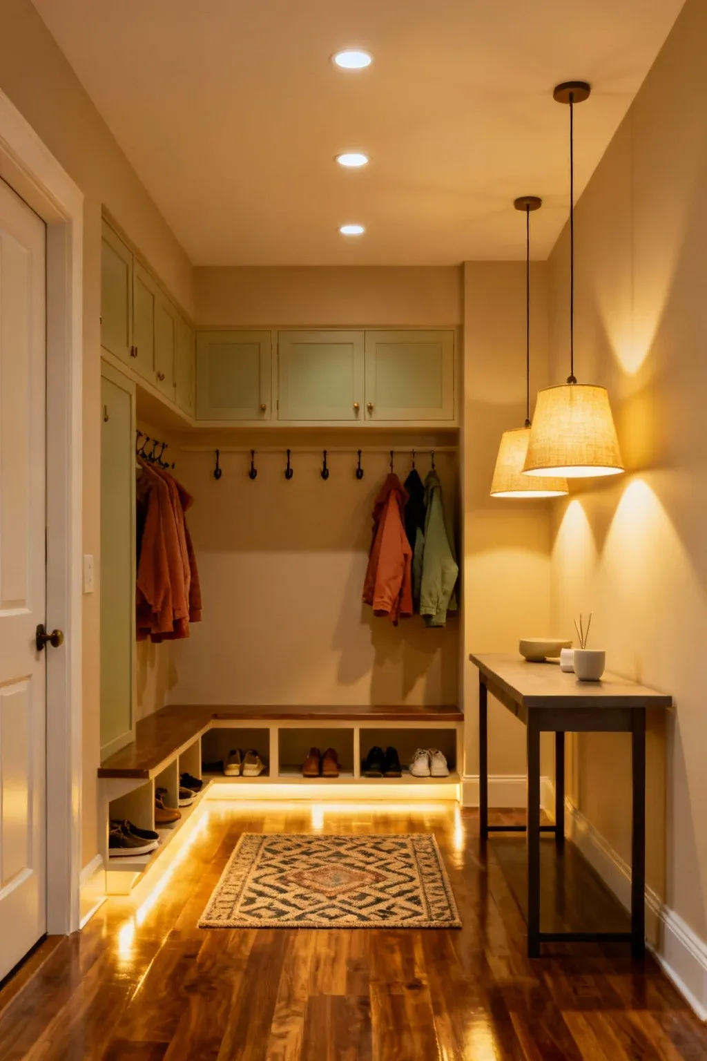 Integrated lighting brightening a welcoming mudroom entryway.