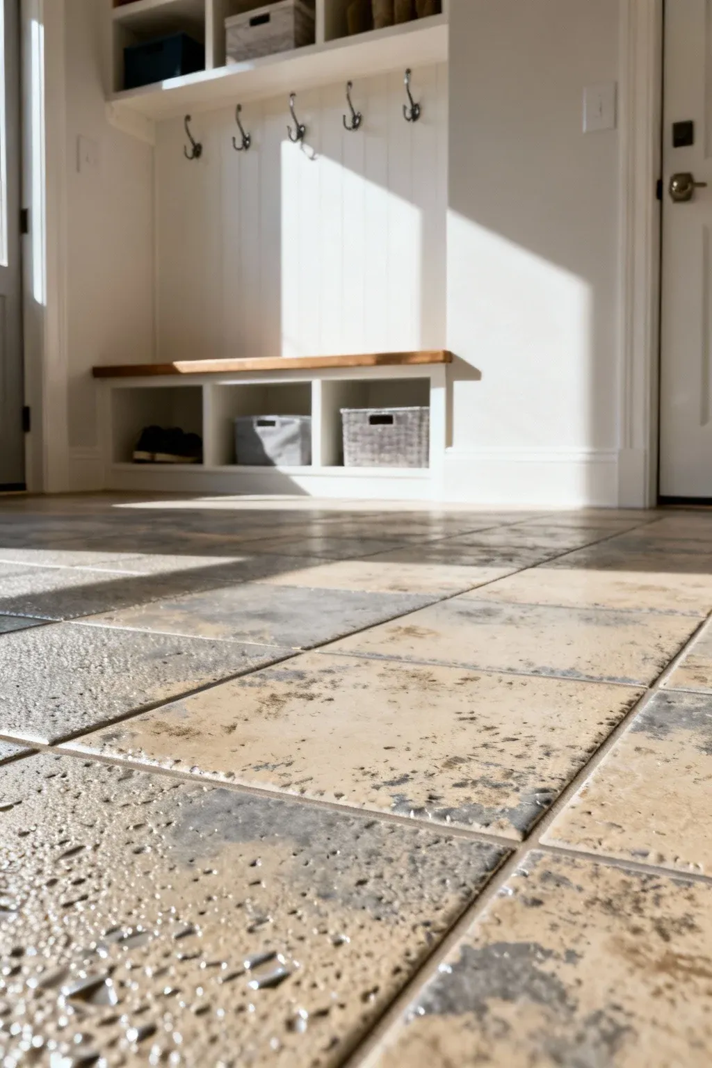 Durable tile flooring in a high-traffic mudroom.