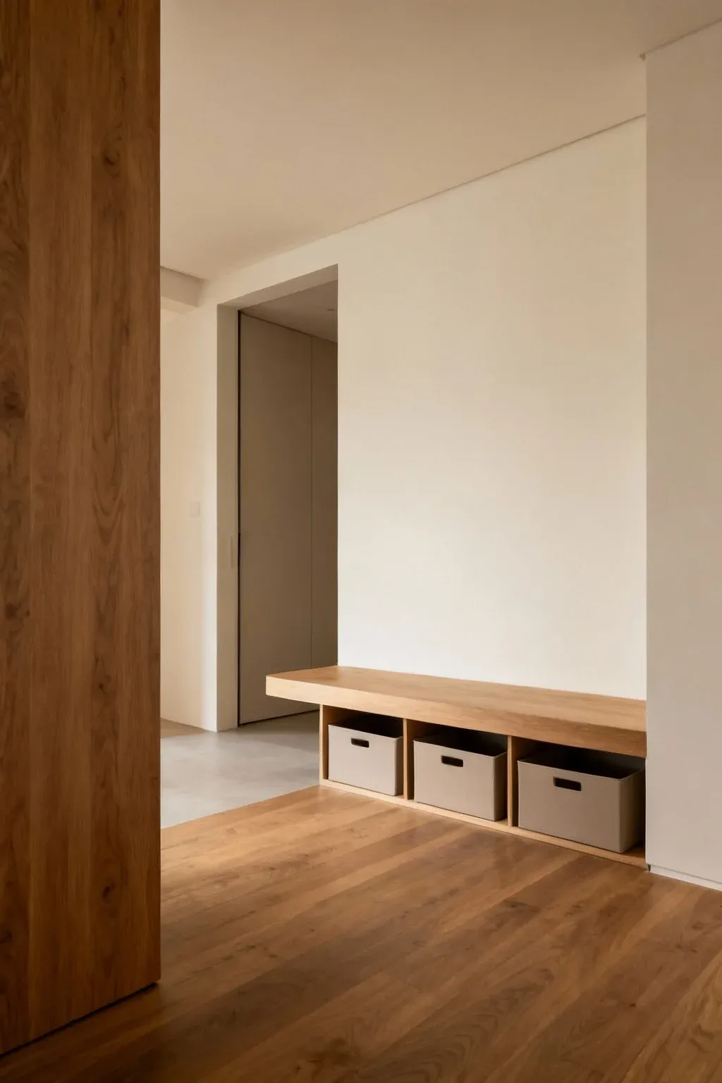 A floating bench with storage bins underneath in a minimalist entryway.