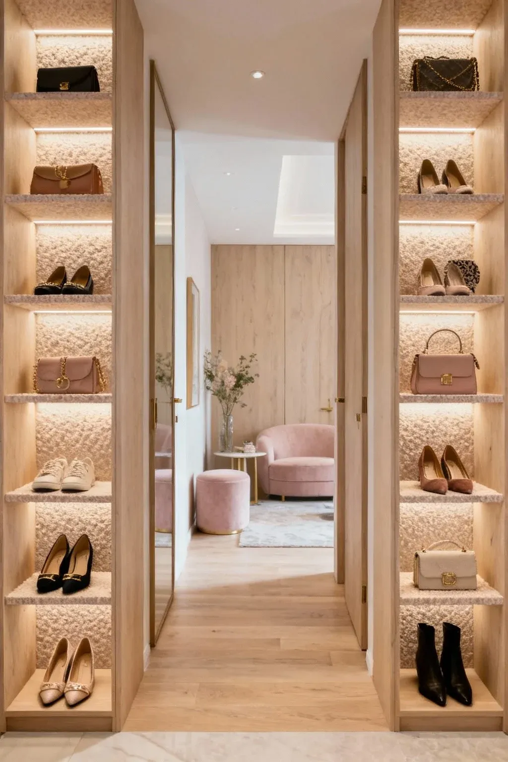 Narrow shelving at eye level displaying shoes and accessories.