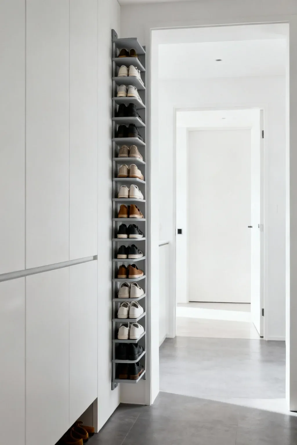 Vertical shoe rack in a narrow mudroom for organized footwear.