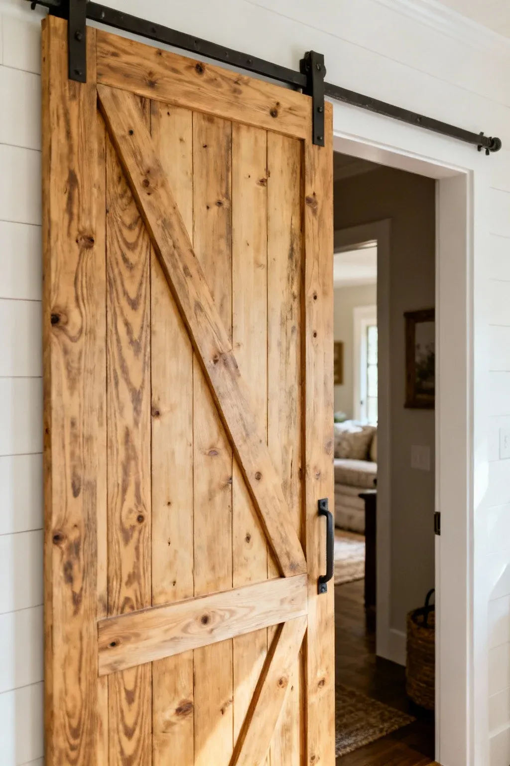 Farmhouse-style sliding barn door in a cozy entryway.