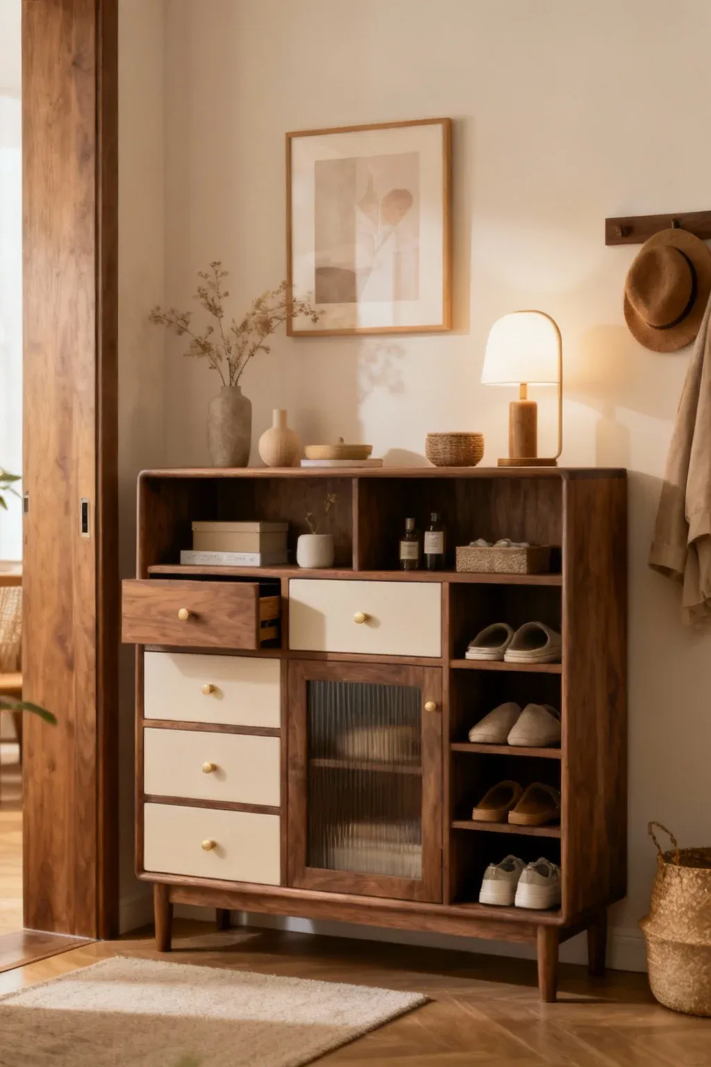 Entryway console with storage and decor for a stylish look.