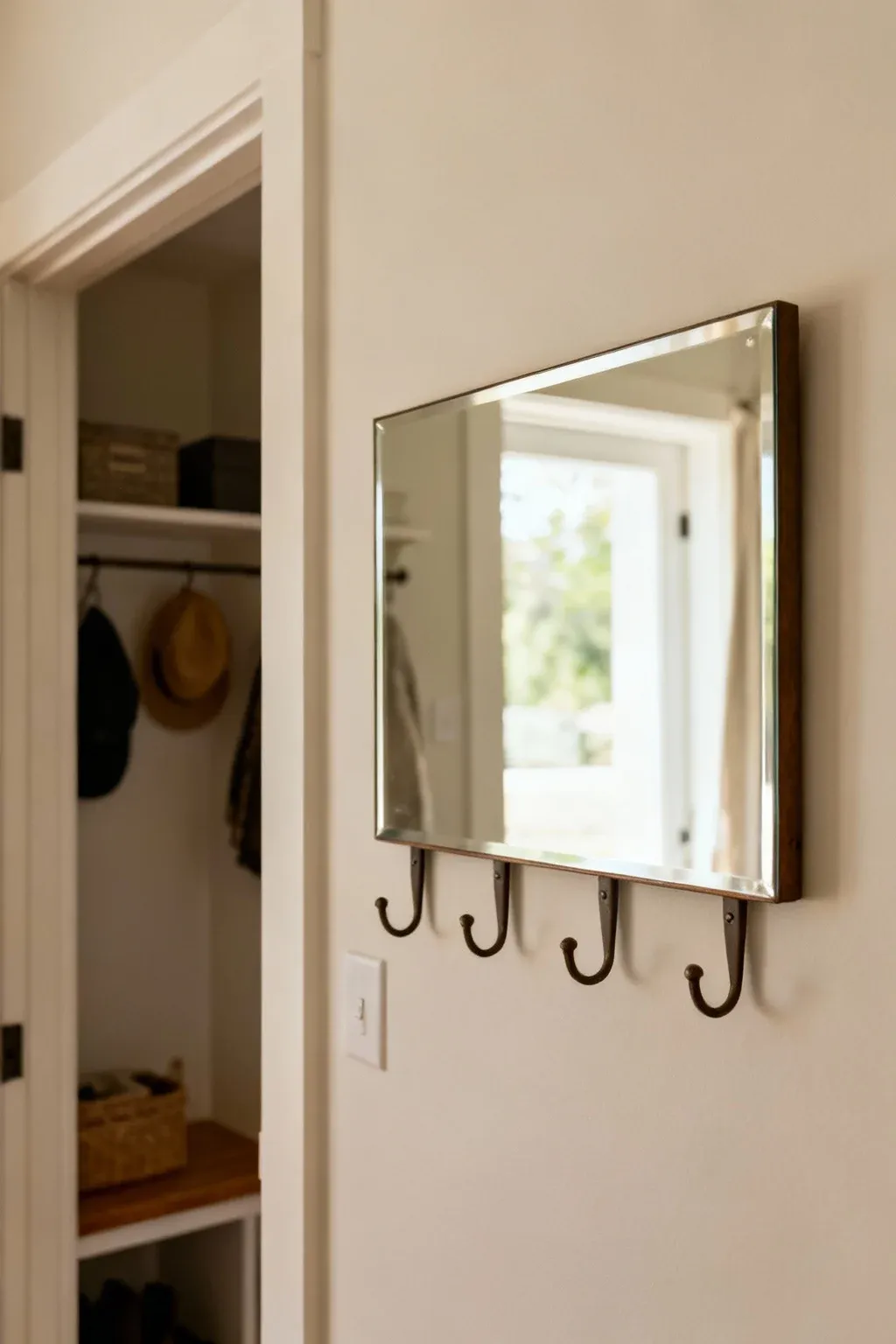 Wall-mounted mirror with hooks in a tidy entryway.
