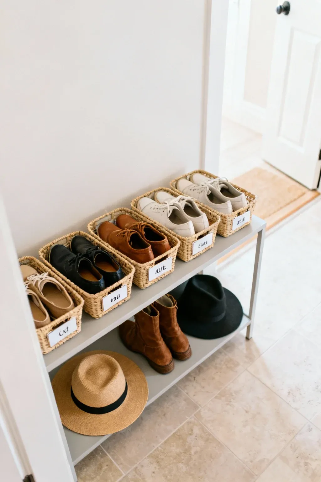 Organized drop zone with labeled baskets for easy access.