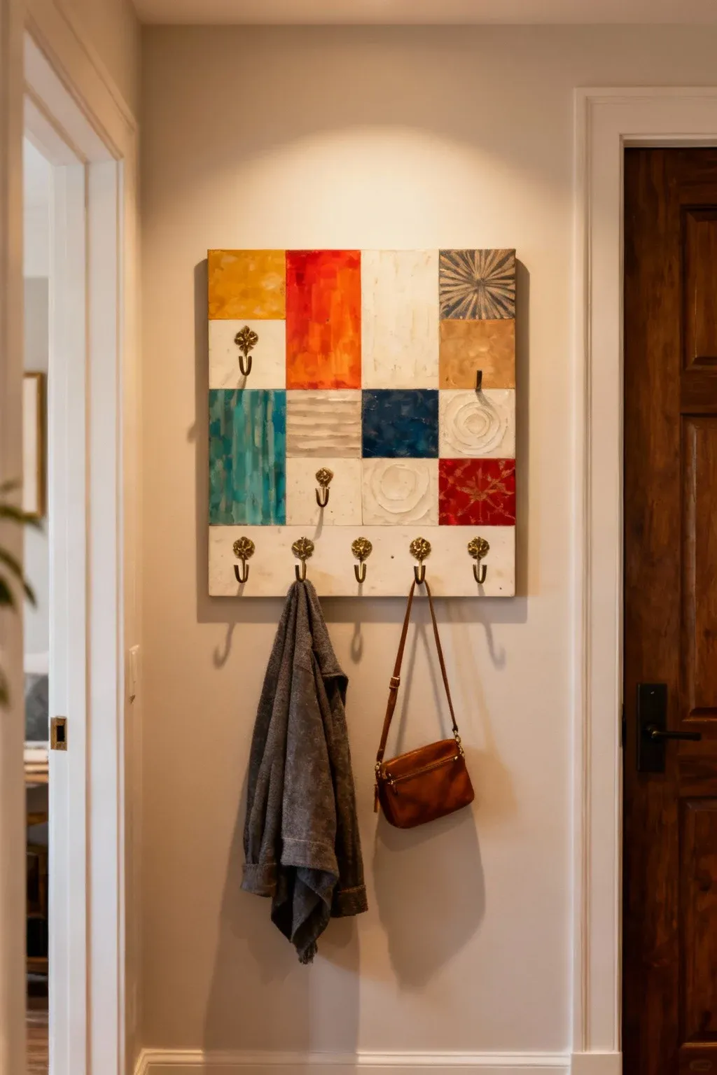Decorative wall art with hooks for organizing in an entryway.