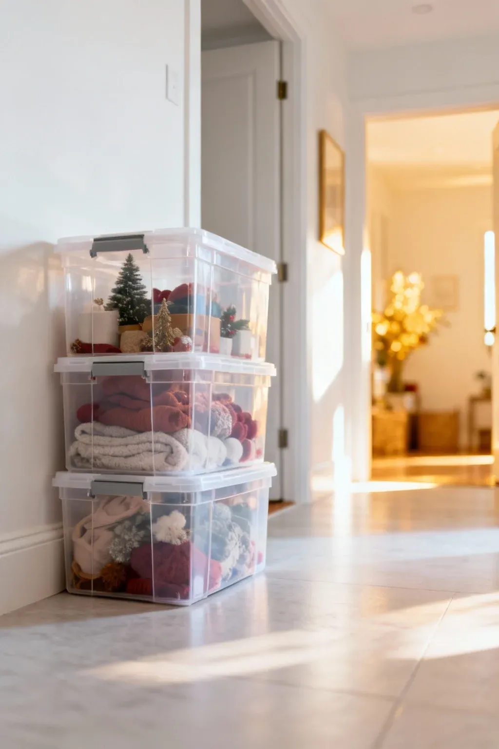Clear storage bins stacked for seasonal items in an entryway.