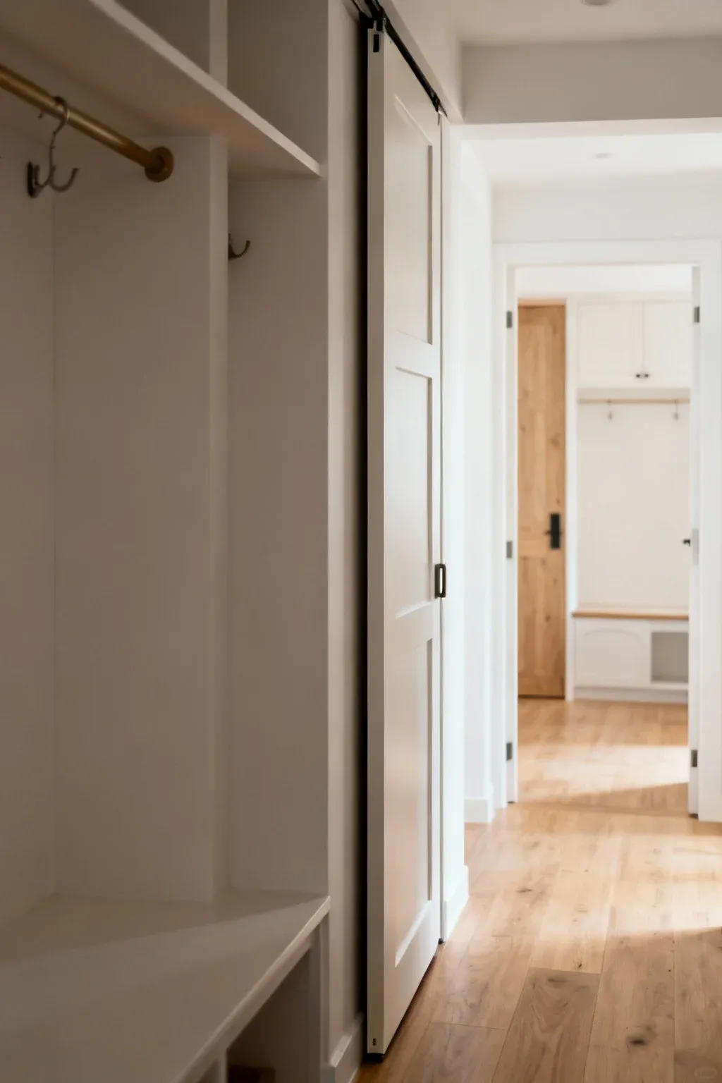 Narrow mudroom with a stylish pocket door for space efficiency.
