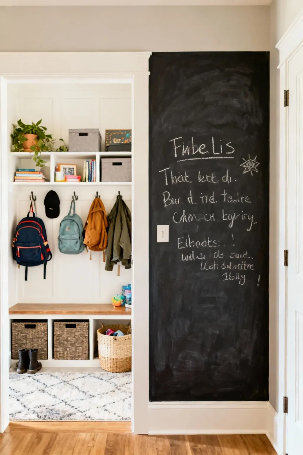 Chalkboard wall for messages in an organized entryway.