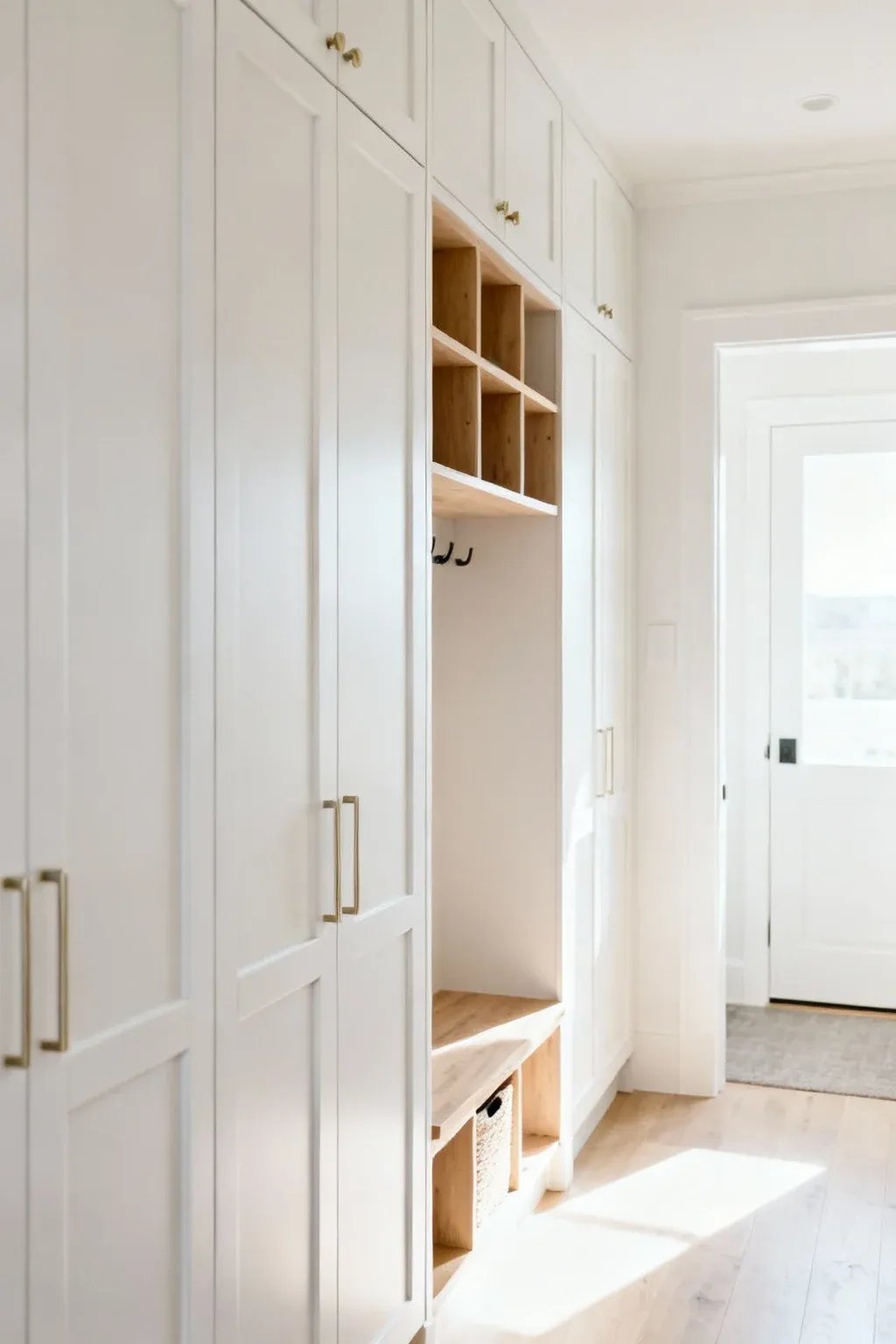 Narrow cabinets in a hallway mudroom for organized storage.