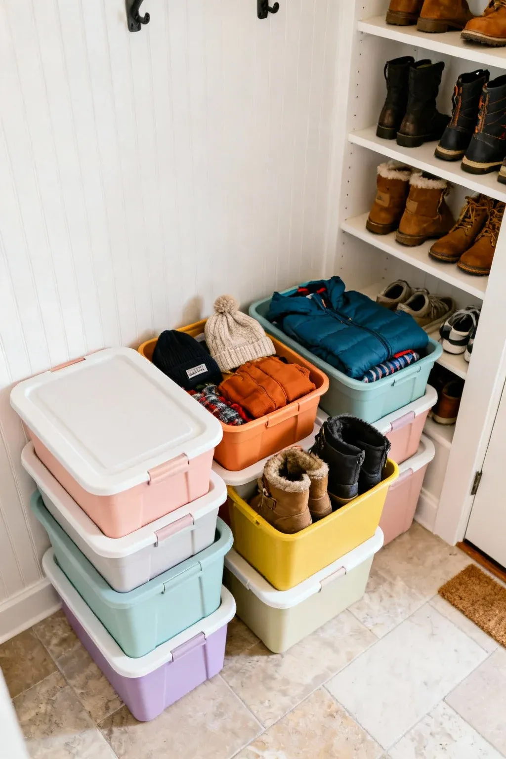 Stackable storage bins for seasonal gear in a tidy entryway.