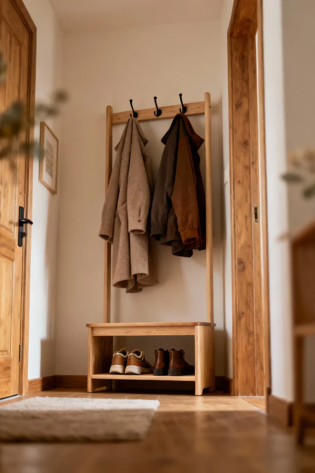 Simple coat rack with a bottom shelf in a warm entryway.