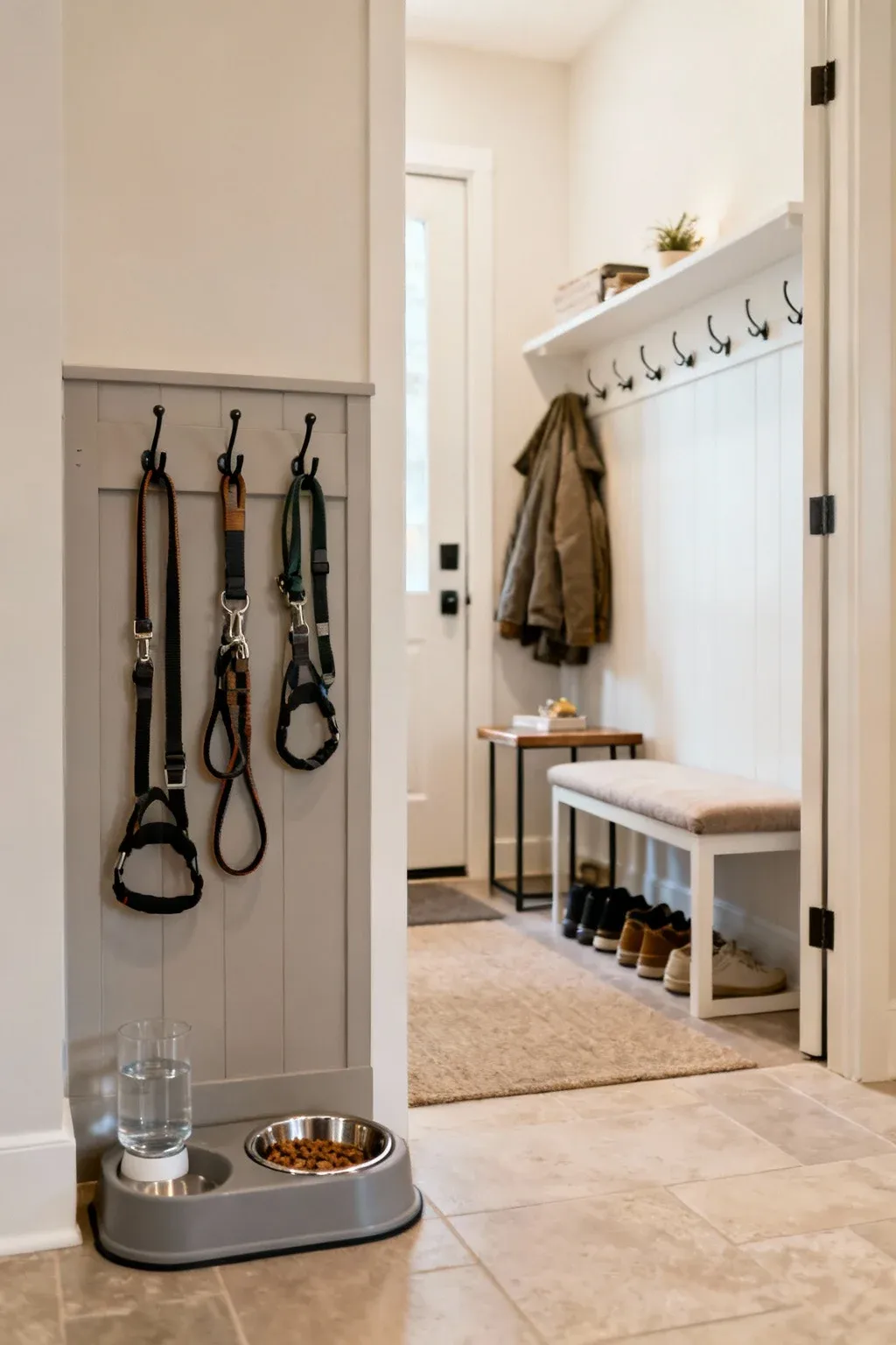 Entry mudroom with a designated pet station for organization.