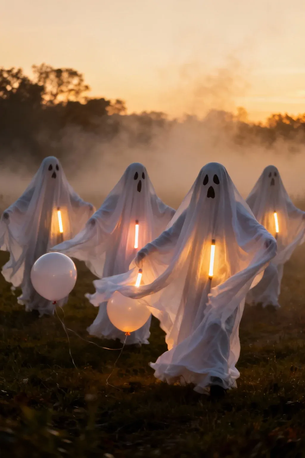 Spooky outdoor ghosts made from sheets and balloons glowing in twilight.