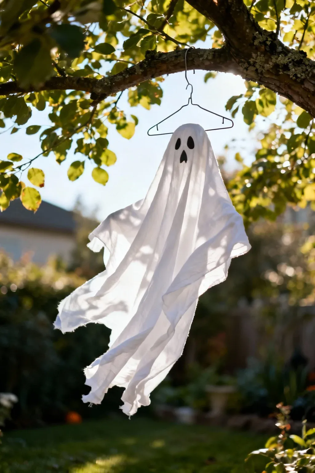 A white sheet ghost hanging from a tree branch, swaying in the wind.