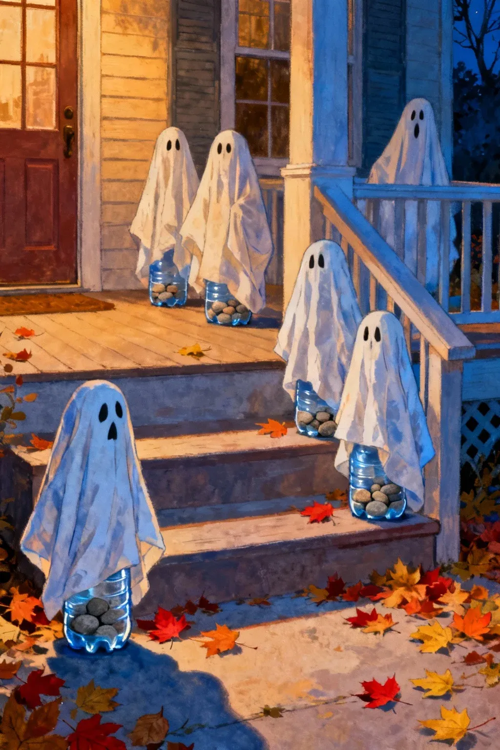 DIY porch ghosts made from sheets and bottles, creating a spooky atmosphere.