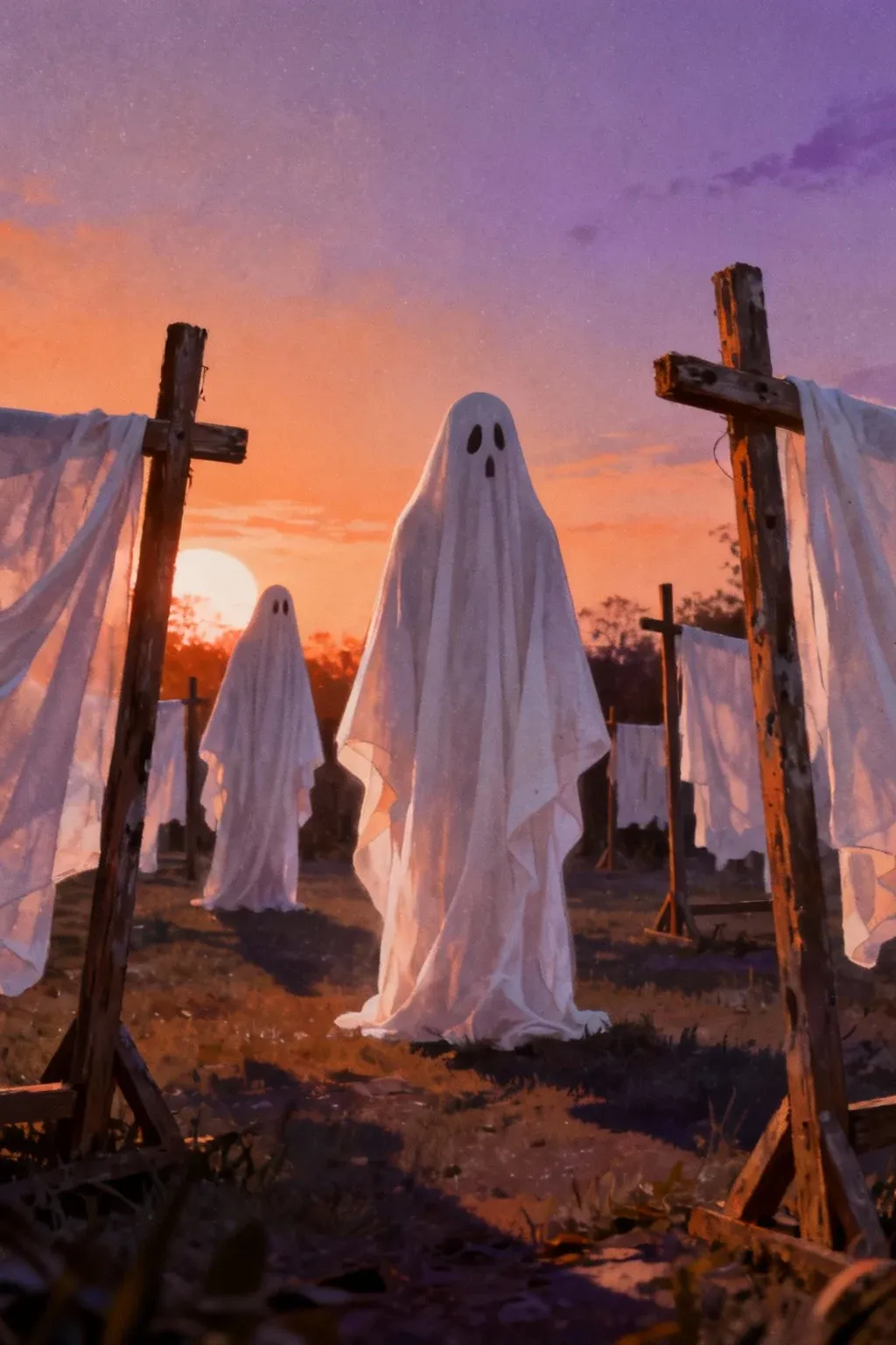 Classic sheet ghosts set up in a yard against a dusky sky.