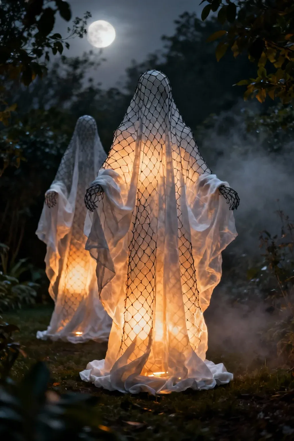 Artistic chicken wire ghosts glowing with LED lights in a dark garden.