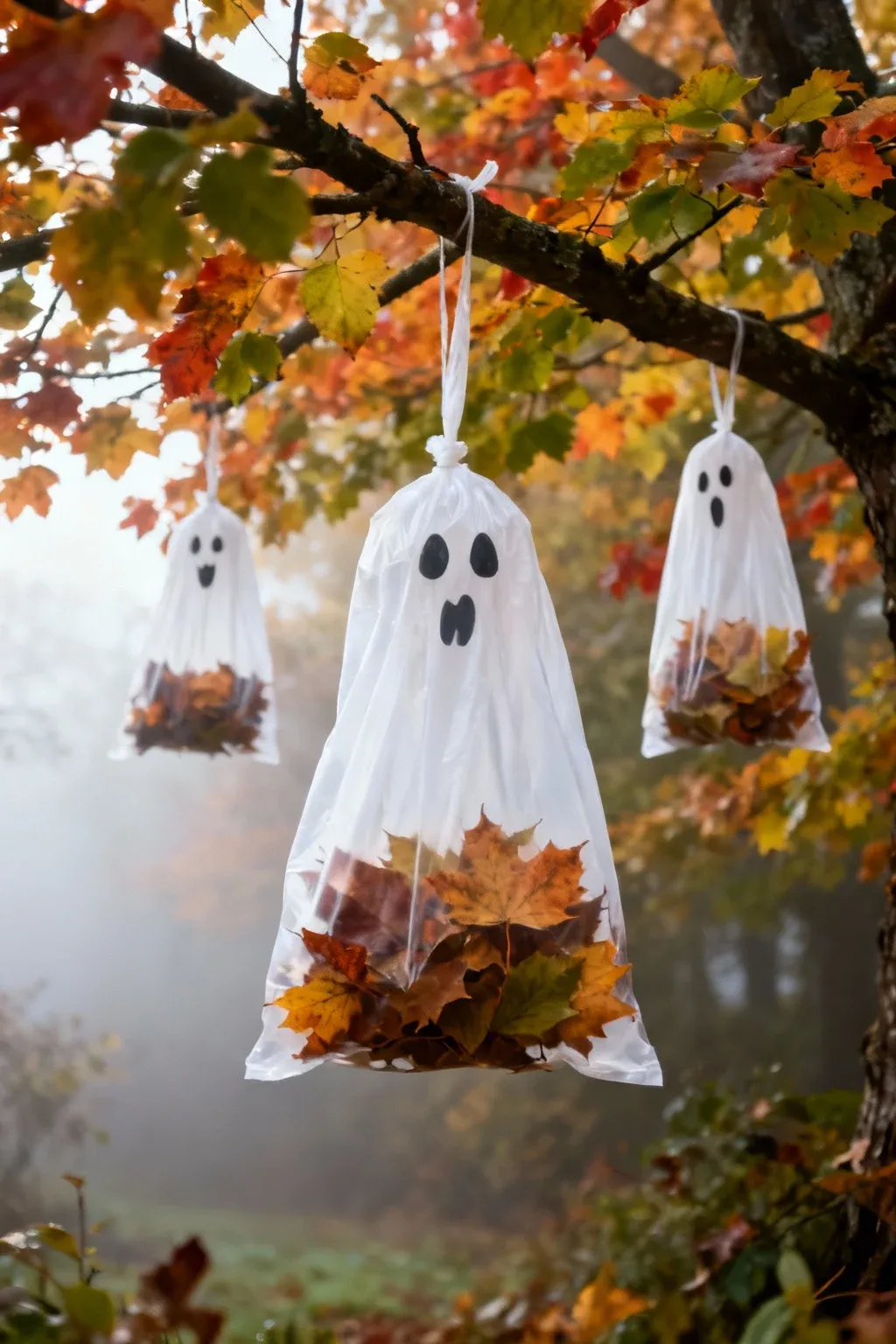 Quick ghost decorations made from plastic bags hanging in a misty garden.