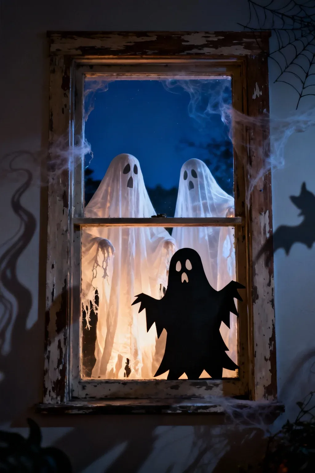 Ghost decorations in windows casting eerie shadows at night.