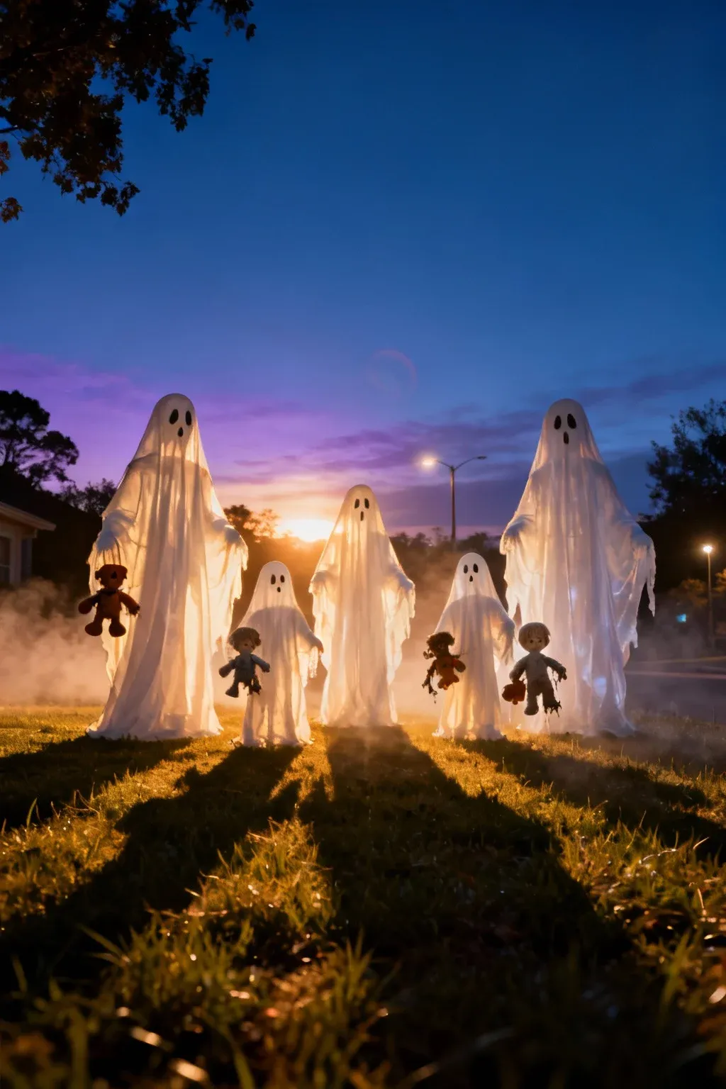 Multiple ghost figures arranged in a front yard for Halloween.