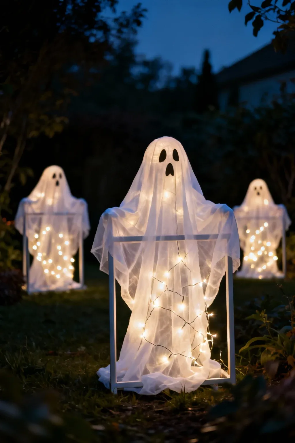 Lighted ghosts glowing in a dark garden at night.
