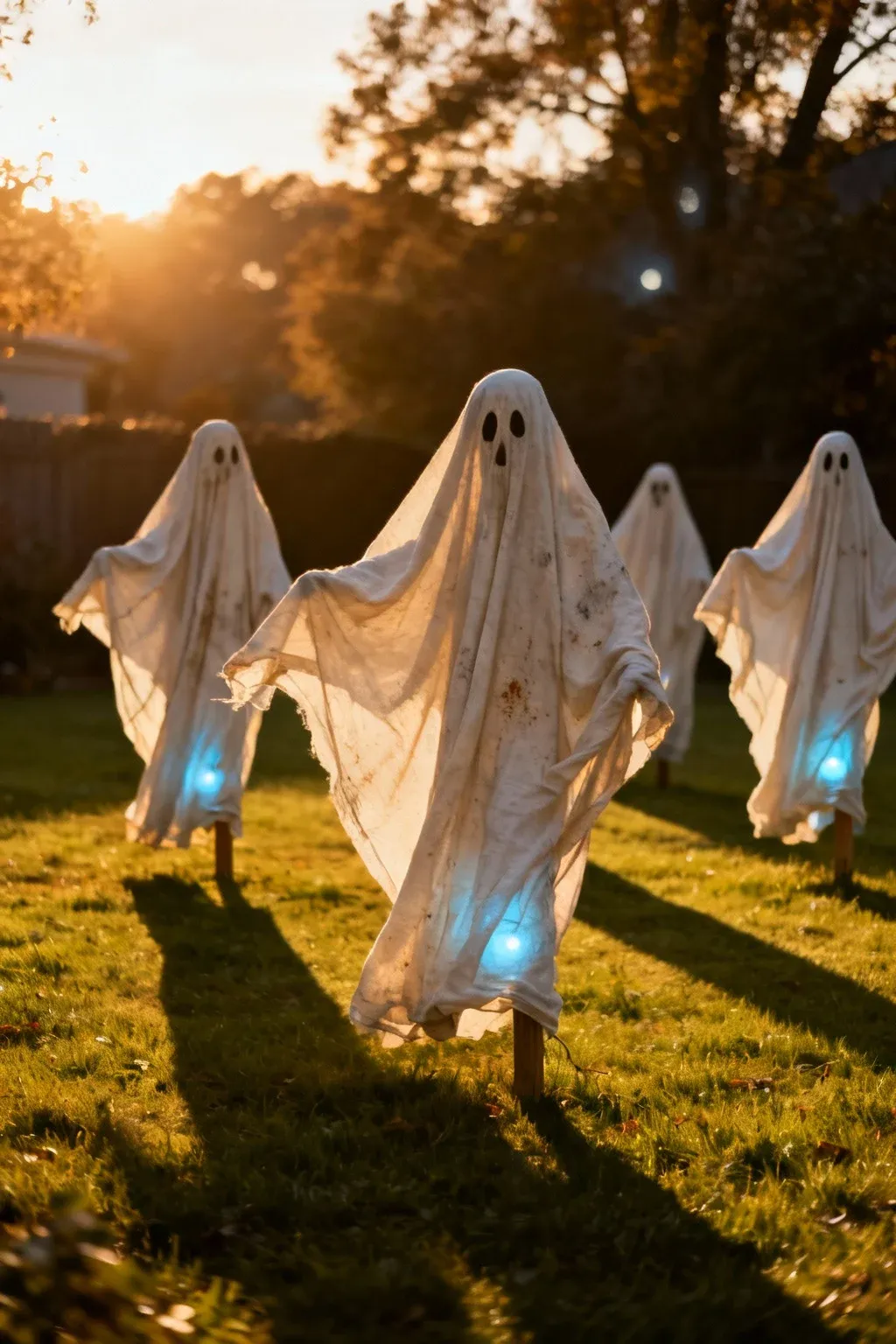 Ghost figures made from old sheets in a yard during golden hour.