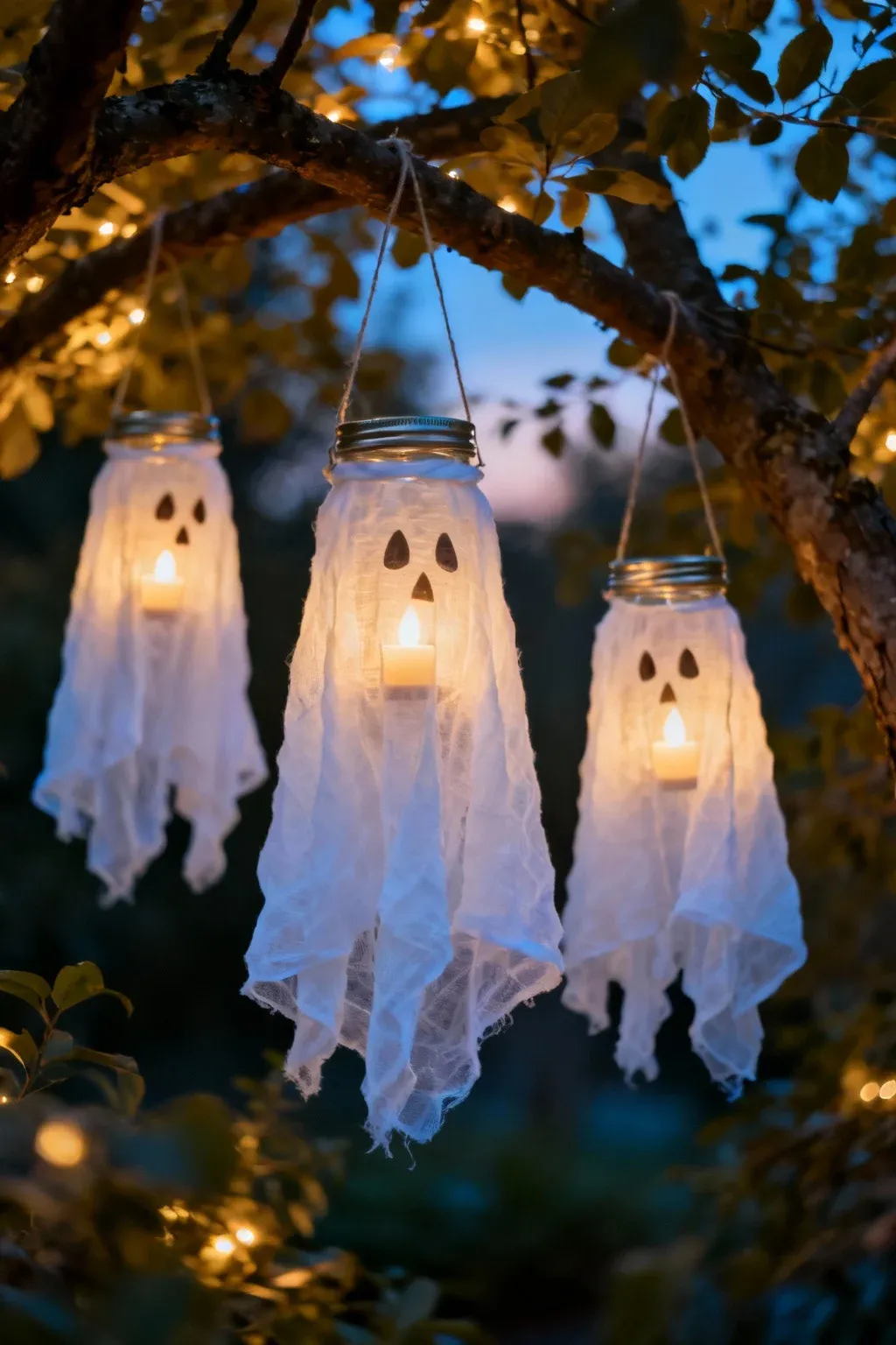 Ghost lanterns glowing in the dark, hanging from tree branches.