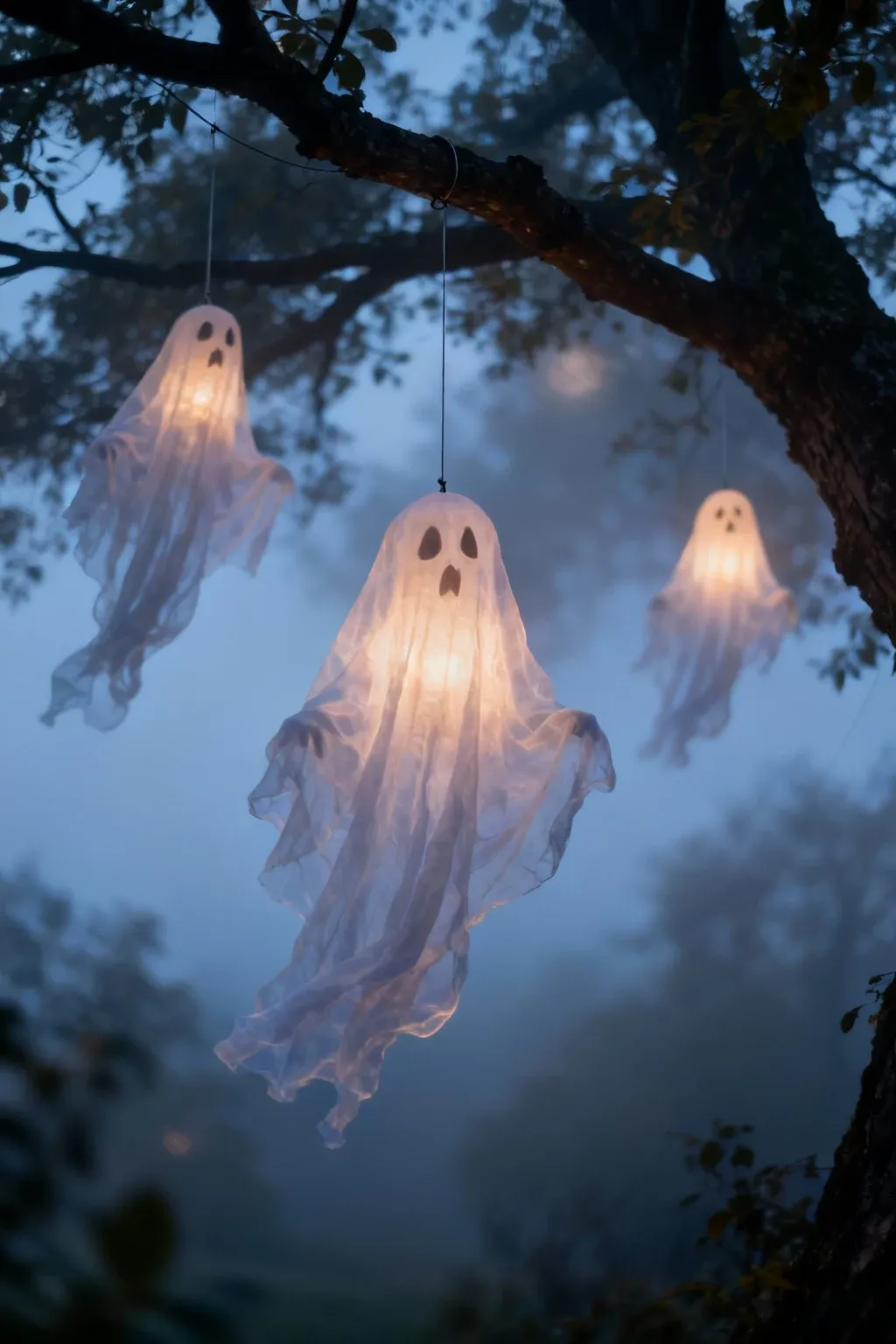 Floating ghosts suspended from tree branches in a misty evening.
