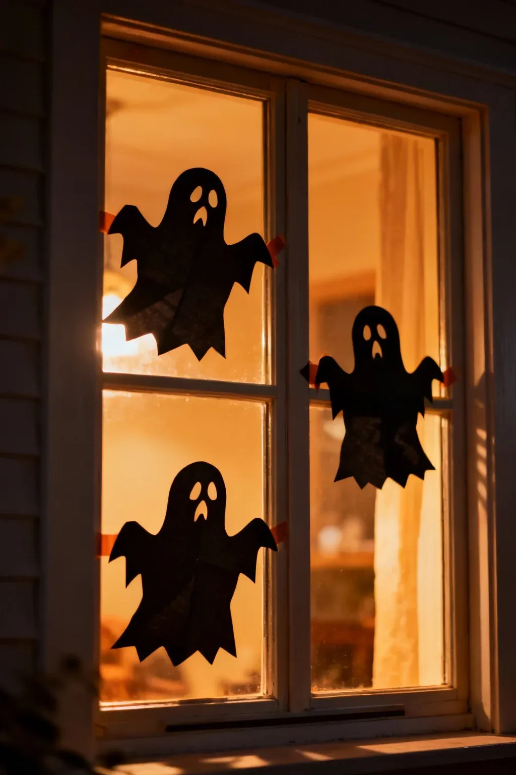 Ghost silhouettes on windows illuminated from inside.