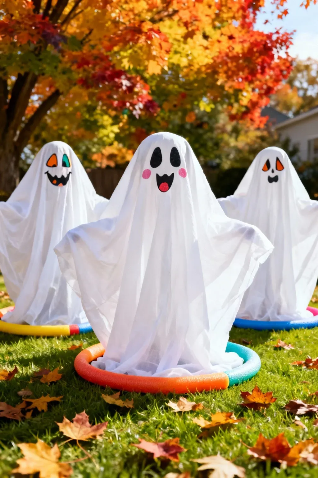 Ghost figures made from pool noodles displayed on a lawn.