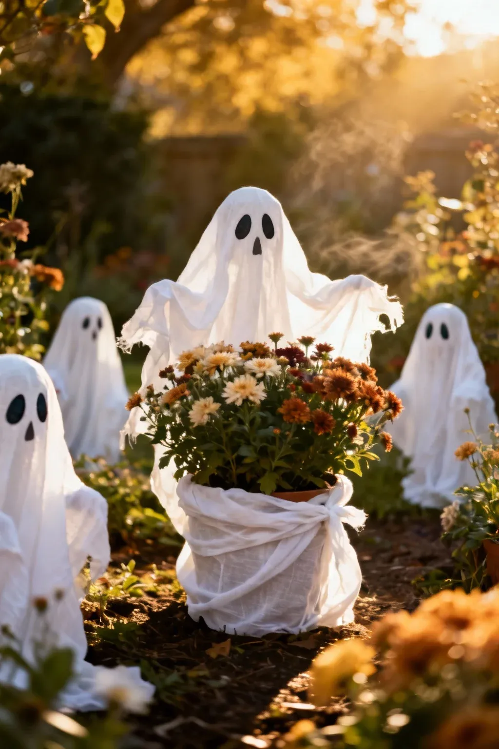 Ghost planters wrapped in fabric, filled with seasonal flowers.