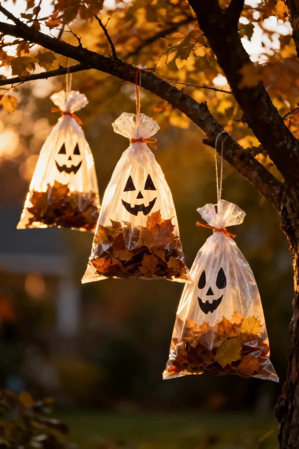 Ghosts made from plastic bags hanging from tree branches.