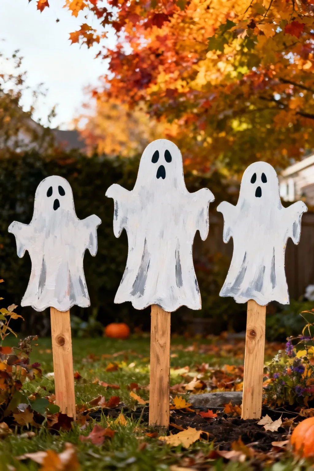Ghost yard stakes painted on wooden boards in a yard.