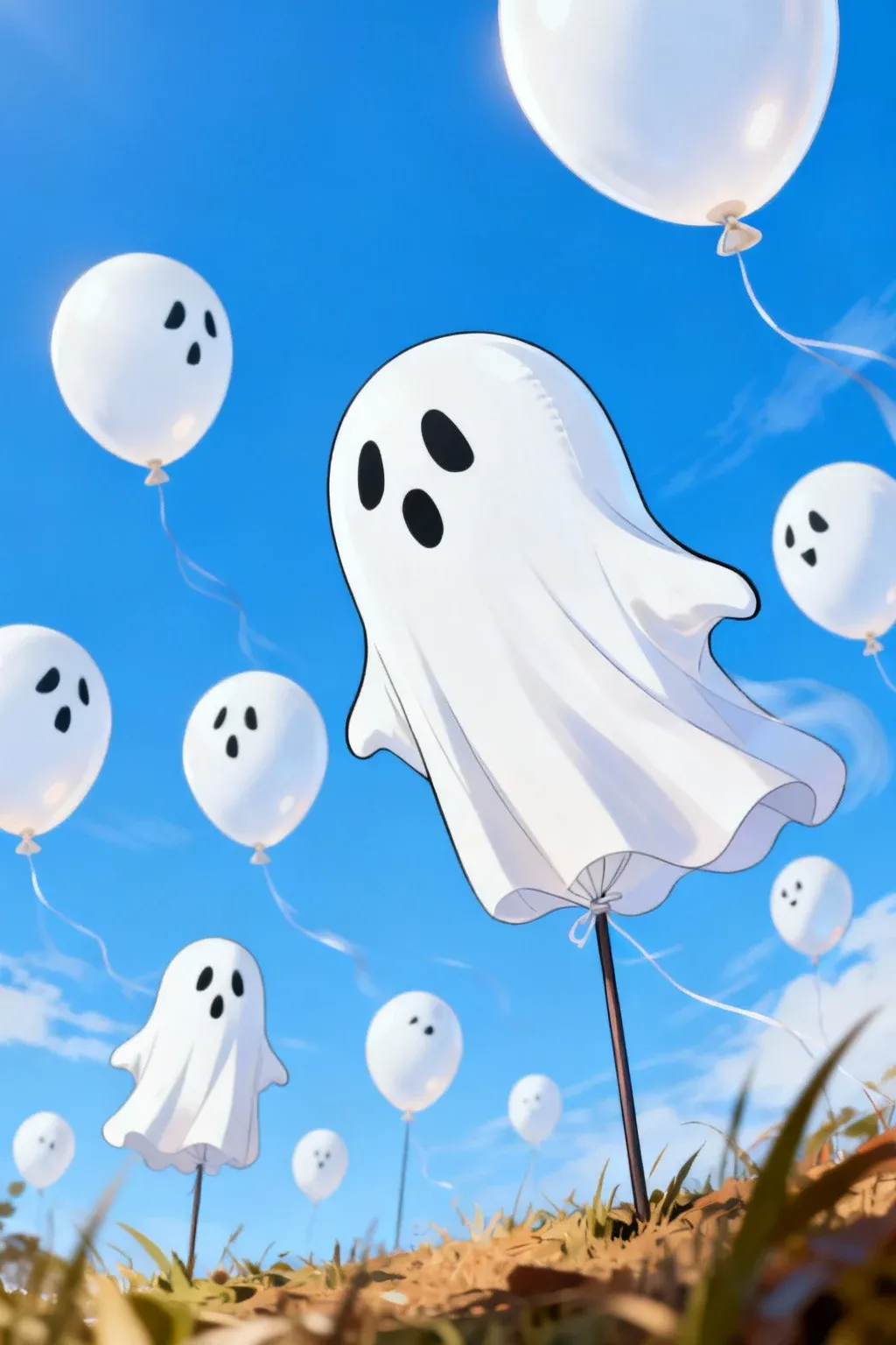 Inflated white balloons with ghost faces tied to stakes.