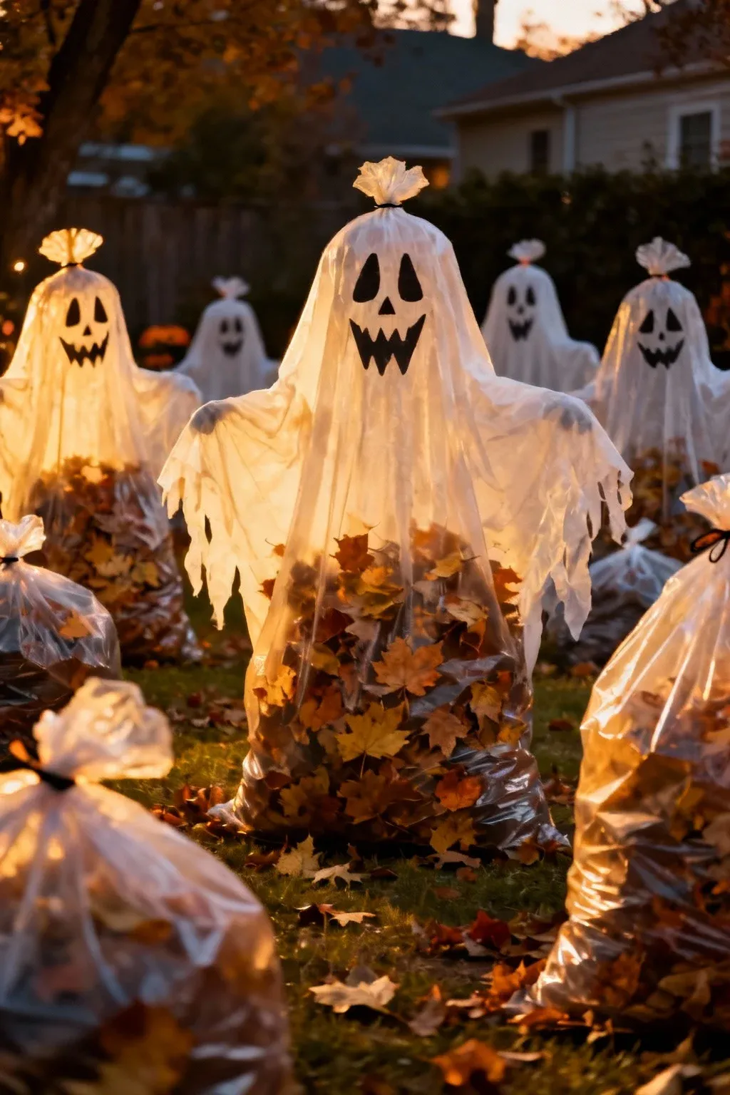 Large ghost figures made from trash bags in a yard.