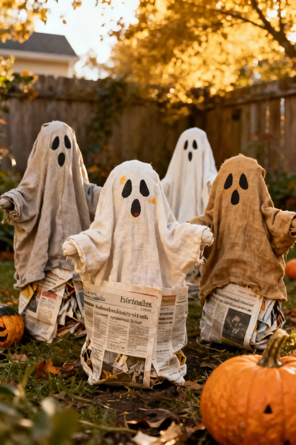Ghosts made from recycled materials displayed in a yard.
