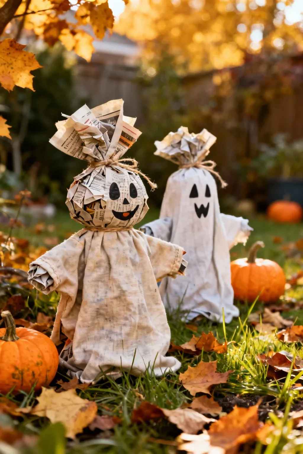 Ghost figures made from old clothing in a garden.