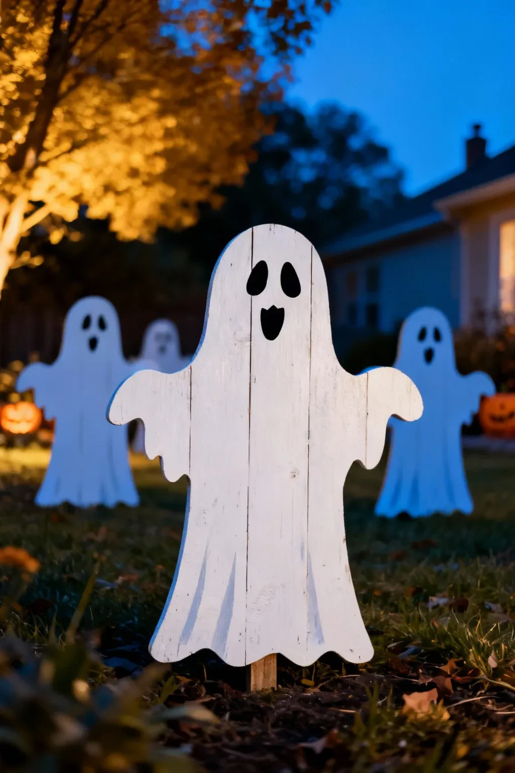 Wooden ghost cutouts displayed in a yard.