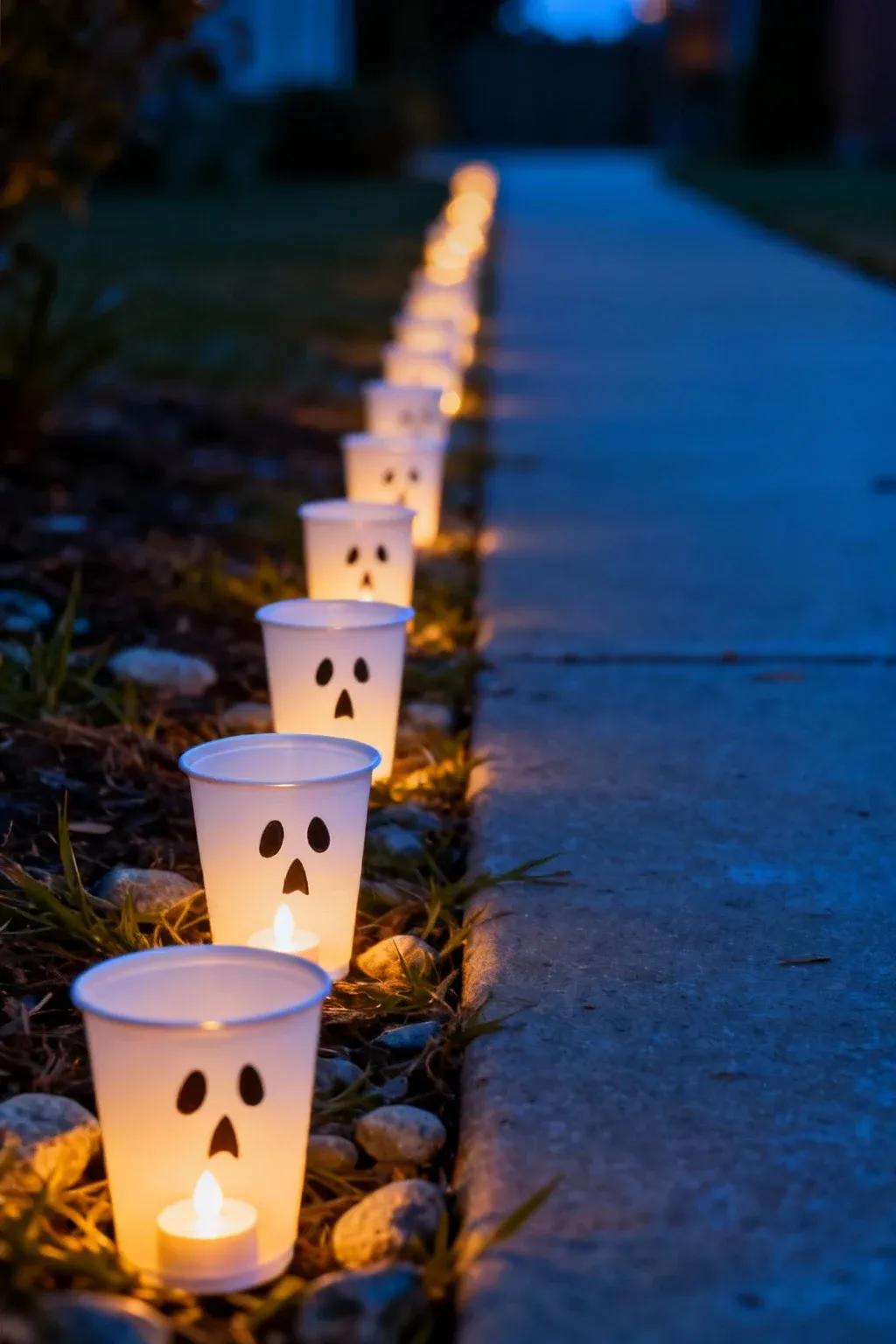 Ghost pathway lights made from plastic cups lining a walkway.