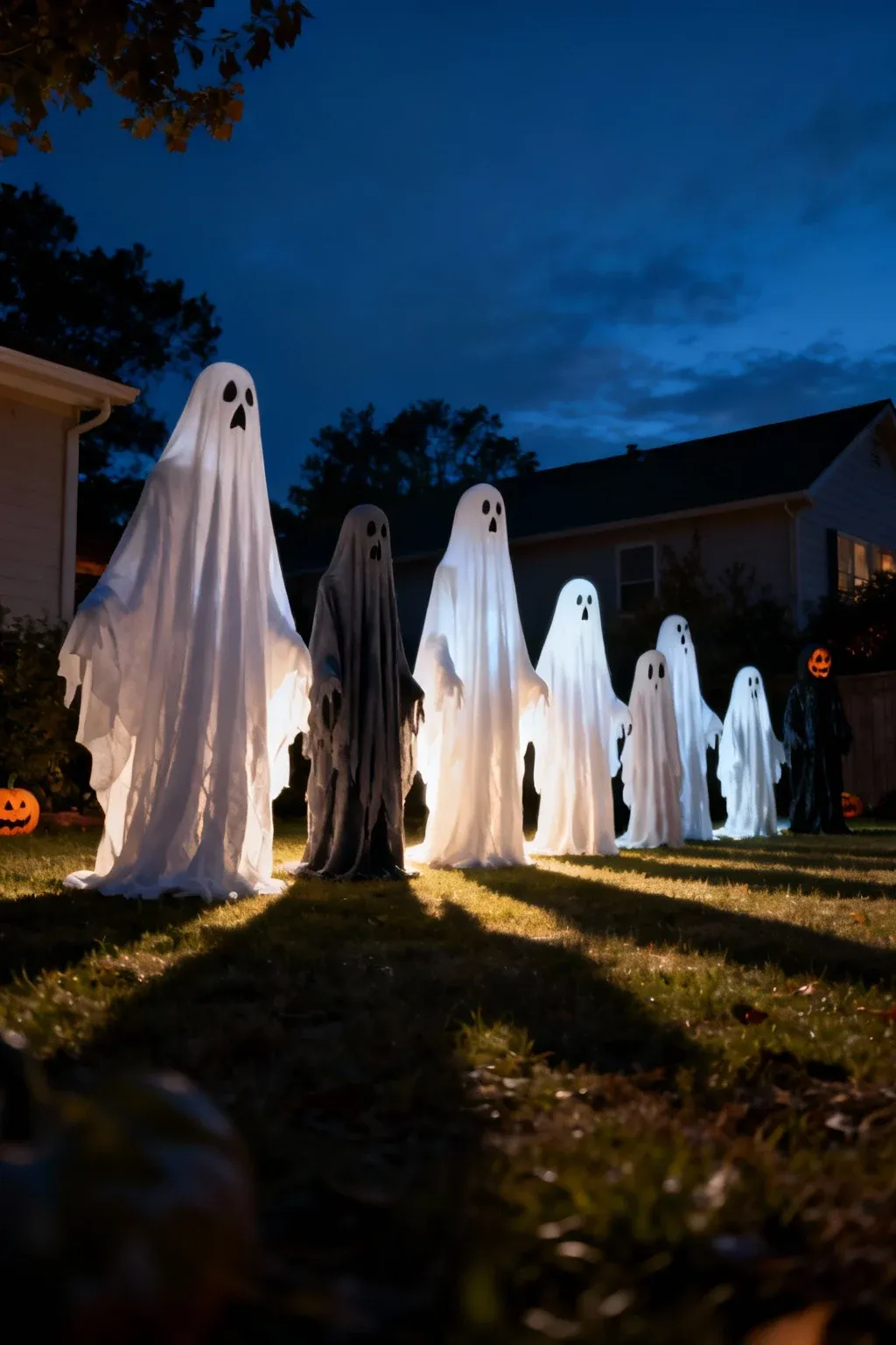 A row of ghost figures creating a dramatic Halloween display.