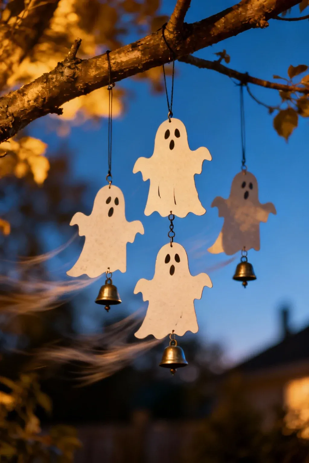 Ghost wind chimes made from fabric hanging from a branch.