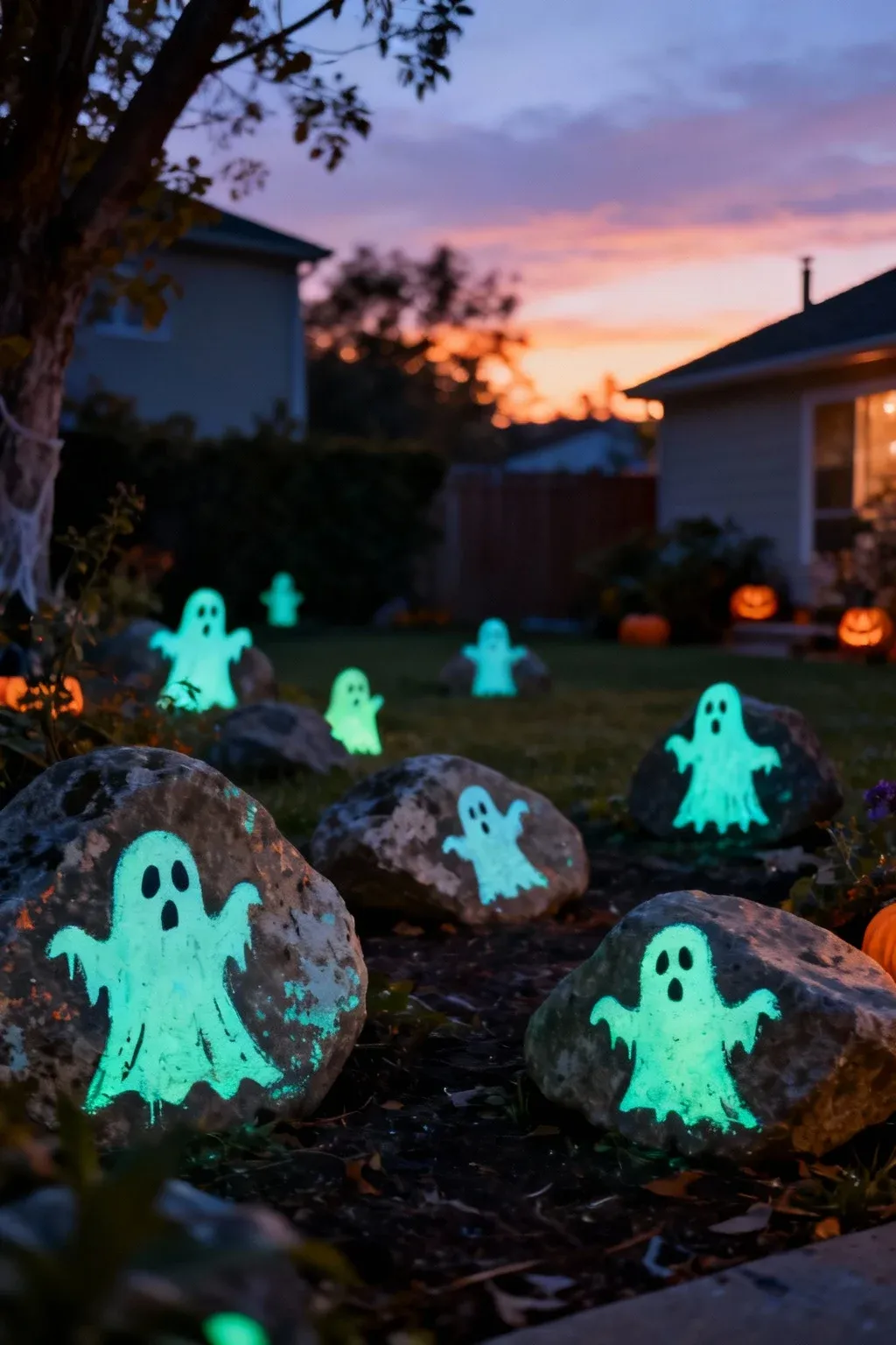 Glow-in-the-dark ghost shapes painted on rocks in a yard.